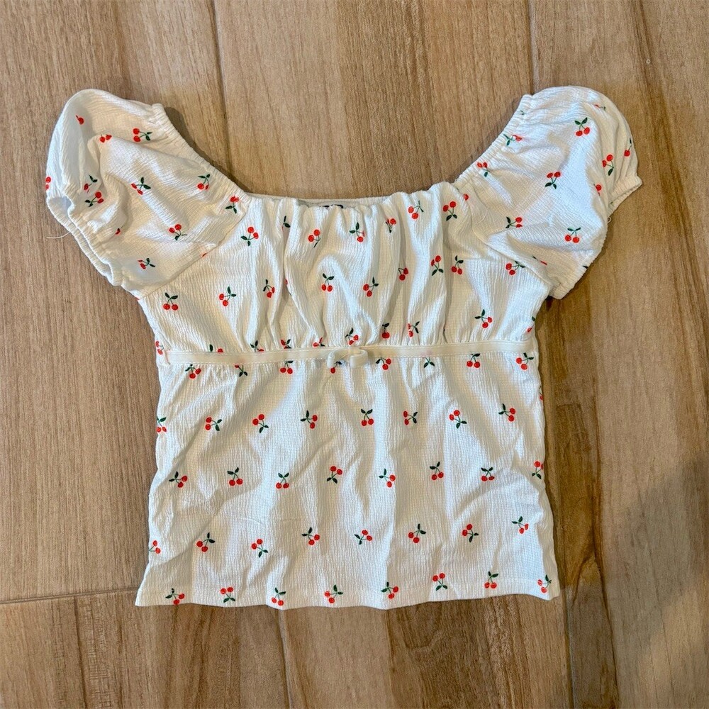 RSQ Blouse Womens Size L White Cherry Print Puff Sleeve Cropped Square